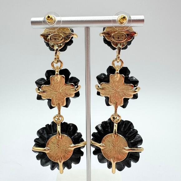 Rare Kenneth Jay Lane Black Resin Flower Drop Earrings Duster Statement Floral - Picture 4 of 14